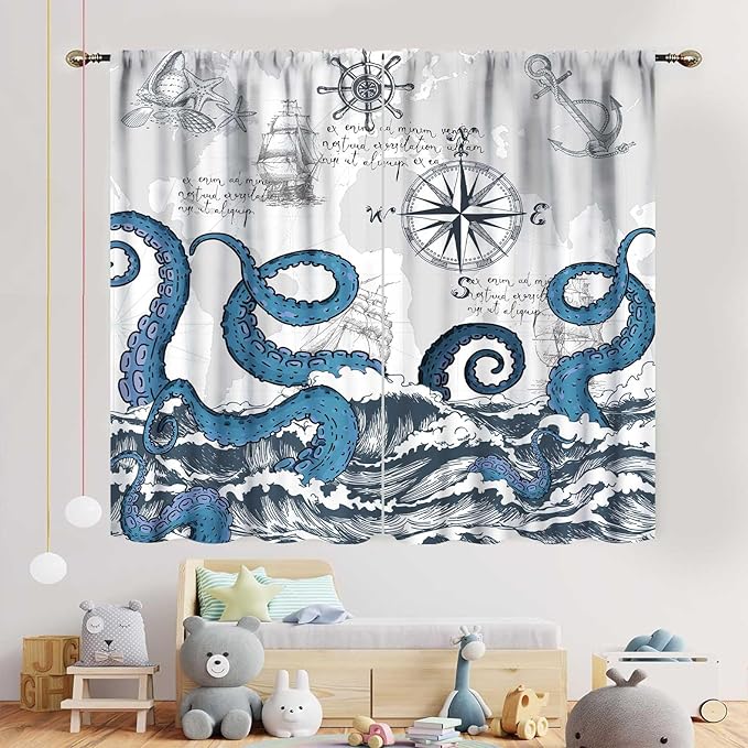 Nautical Curtains, Coastal Old Pirate Map Sailboat Compass Anchor Vintage Ocean Kraken Octopus Tentacles Blue Marine Window Drapery Treatment for Bedroom Living Room Kitchen Bathroom, 42"x54" Inch