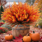 Geegoods 24 Bundles Artificial Fall Flowers Outdoor – Faux Lavender Flowers with Monkey Grass UV Resistant Plastic Faux Plants for Garden Porch Patio Home Decor, Autumn-Orange Color
