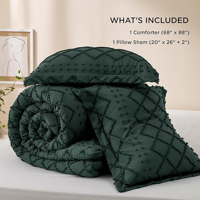 Bedsure Twin Comforter Set - Forest Green Comforter, Boho Tufted Shabby Chic Bedding for Kids, 2 Pieces Vintage Farmhouse Bed Set for All Seasons, Fluffy Soft Bedding with 1 Pillow Sham