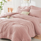 HYMOKEGE Rose Gold Twin Comforter Set Seersucker 5 Pieces, All Season Luxury Bed in a Bag Queen for Bedroom, Bedding Set with Comforter, Sheets, Pillowcase & Sham