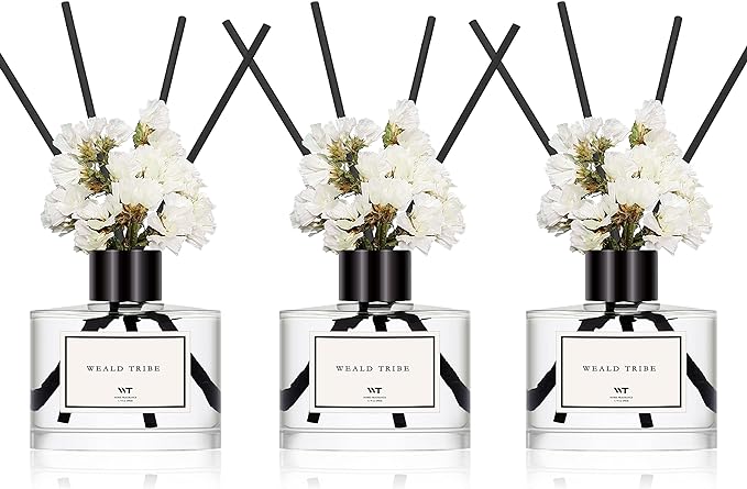 WEALD TRIBE Real Flower Reed Diffuser Set of 3 for Bathroom Shelf Decor, Sticks Diffuser with Essential Oils Included | Lavender & Eucalyptus,Jasmine & Lily,Sandalwood Rose Scent(1.7 fl oz/Pack)