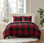 7 Piece Comforter Set Bag Solid Color All Season Soft Down Alternative Blanket & Luxurious Microfiber Bed Sheets, King, Buffalo Plaid Burgundy/Black