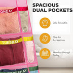 Over the Door Weekly Clothes Organizer - 5 Shelf Hanging Closet Storage with Day of the Week Labels - Weekly Clothes Organizer For Kids - Space-Saving Over Door or Wall Hanging Organizer (Pink)