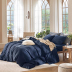 MooMee Bedding Duvet Cover Set 100% Washed Cotton Linen Like Textured Breathable Durable Soft Comfy (Solid Navy, King 104"x90")