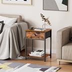Furologee End Table with Storage Shelf and Fabric Drawer, 2 Tiers Industrial Nightstand, Bedside Table Organizer for Living Room Bedroom, Rustic Brown, Easy Assembly