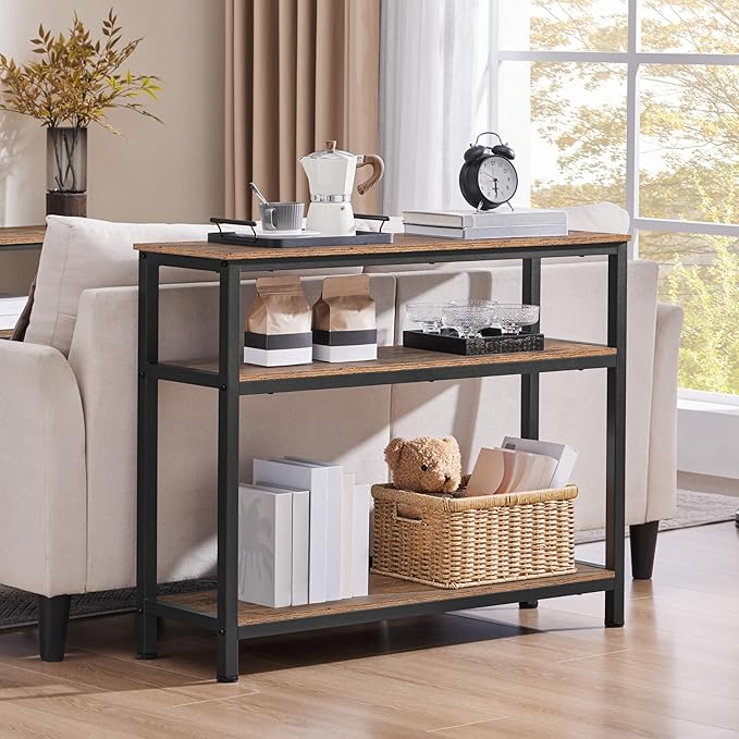 Yaheetech Industrial Console Table, 3 Tier Entryway Table with Storage Shelves, Narrow Sofa Tables for Living Room, Foyer, Hallway, Entrance, Metal Frame, Rustic Brown