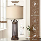 QiMH Farmhouse Table Lamps for Living Room, Rustic Beside Lamps for Bedroom with USB A+C Charging Ports, Nightstand Lamp with Frosted Glass Night Light for Home Decor, 4 Bulbs Included (Bronze)