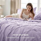 Bedsure Queen Comforter Set Light Purple - Bed in a Bag Queen Size Bedding 7 Pieces, GentleSoft™ Pintuck Bed Set Gift for Family, Pinch Pleat All Season Comforter with Sheets, Pillowcases & Shams