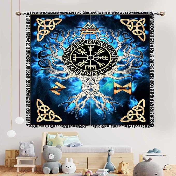 Tree of Life Curtains, Vikings Celtic Nordic Life Tree Scandinavian Aesthetic Mythology Blue Window Drapery Treatments for Bedroom Living Room Bathroom 2 Panels, 84"x84" Inch