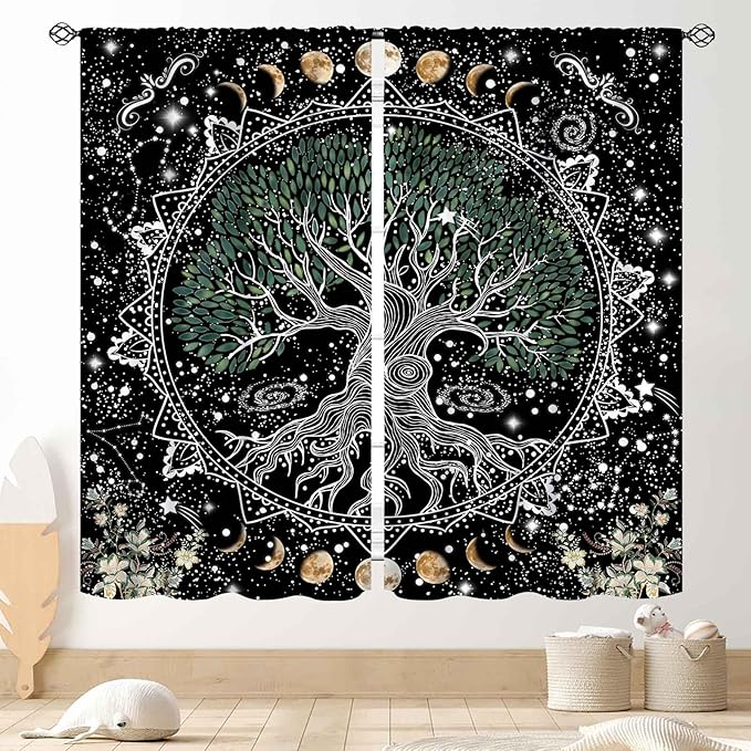 Life Tree Curtains, Hippie Sun Moon Trippy Tree of Life Bohemian Mandala Aesthetci Mystic Witchy Blackout Window Drapery Treatments for Bedroom Living Room Bathroom Decor, 42"x54" Inch
