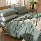 MooMee Bedding Duvet Cover Set 100% Washed Cotton Linen Like Textured Breathable Durable Soft Comfy (Heathered Green, King 104"x90")