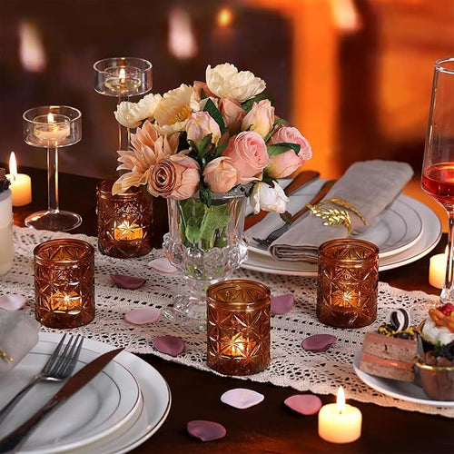 12 Pack Vintage Amber Votive Candle Holders, Glass Candle Holders for Wedding Table Centerpiece, Small Tealight Candle Holder for Home Decor, Tea Lights Candle Holder for Party, Boho Fall Decor