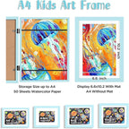 KINLINK A4 Kids Art Frames Set of 2, Solid Wood Kids Artwork Frames Changeable with Acrylic Front Opening Holds 150 Pictures, Art Frame for Kids Artwork with Mat or without Mat, Light Blue