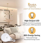 Simba Lighting LED Candelabra E12 Base G14 Small Globe 5W 40W Replacement Light Bulb (6 Pack) for Ceiling Fan, Chandelier, Vanity, Round A15 Frosted White Cover, Non-Dimmable, 4000K Natural Light