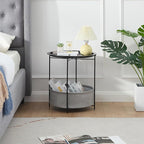 VECELO Round Side/End Table with Fabric Storage Basket，Metal Anti-Rust and Waterproof Small Bedside Nightstand with Removable Tray Top for Living Room，Balcony & Laundry，Black /2pcs with Basket