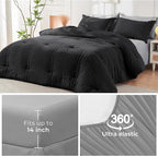 HYMOKEGE Black/Light Grey Full Size Comforter Sets Seersucker 7 Pieces, All Season Luxury Bed in a Bag for Bedroom, Bedding Set with Comforter, Sheets, Pillowcases & Shams