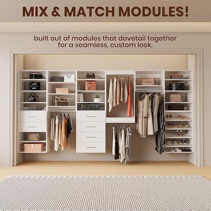 ROOMTEC 25.5" Double Hanging Closet Unit, Modular Closet System with Hanging Rod, Wardrobe Organizer for Bedroom or Walk-in Closet, Wall Mounted, Customizable Clothes Storage Unit, White