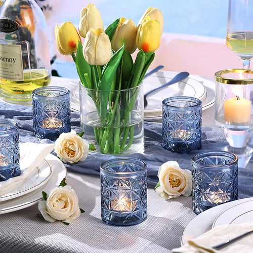 12 Pack Blue Votive Candle Holders, Vintage Blue Candle Holders, Tealight Candle Holder for Wedding Table Centerpieces, Bridal Shower, Home Decor, Birthday, Party Table Decor