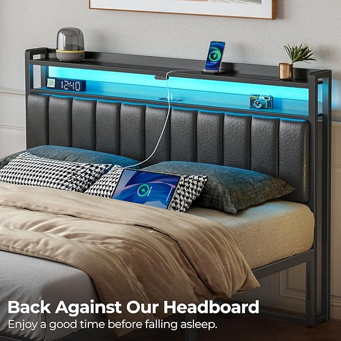 Rolanstar Headboard for Queen Size Bed with Storage, 60,000 DIY Color of LED Light, Head Board with USB, Type C Port, Height Adjustable, Black Upholstered Cabeceras de Cama Comfortable Modern, Leather
