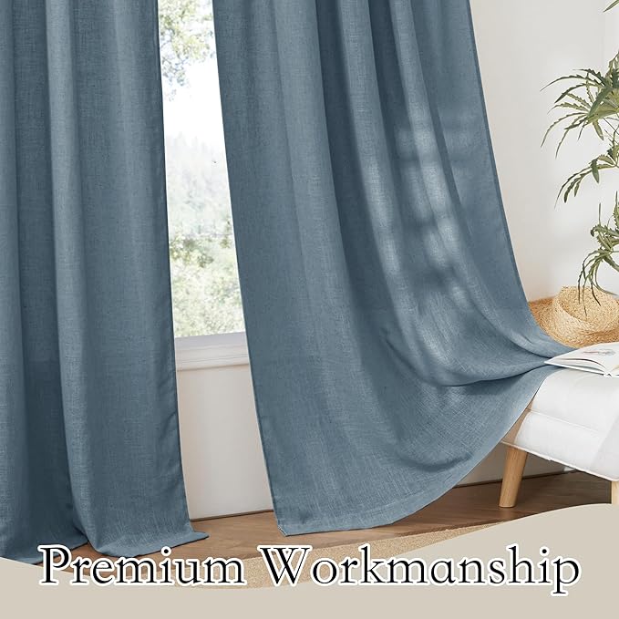 RYB HOME Semi Sheer Linen Curtains - Natural Vertical Boho Style Semi Transparent Privacy Drapes for Bedroom Dining Room Home Office Large Window, W 100 x L 90 inches, Stone Blue, 1 Panel