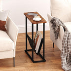 Yusong Narrow Side Table for Small Spaces, Small End Table Set of 2 with Magazine Holder, Skinny Slim Little Thin Table for Living Room, Bedroom, Sofa, Rustic Brown