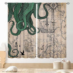 Nautical Octopus Curtains, Coastal Old Pirate Map Sailboat Compass Vintage Magic Ocean Kraken Octopus Tentacles Window Drapery Treatment for Bedroom Living Room Kitchen Bathroom 2 Panels, 42"x63" Inch
