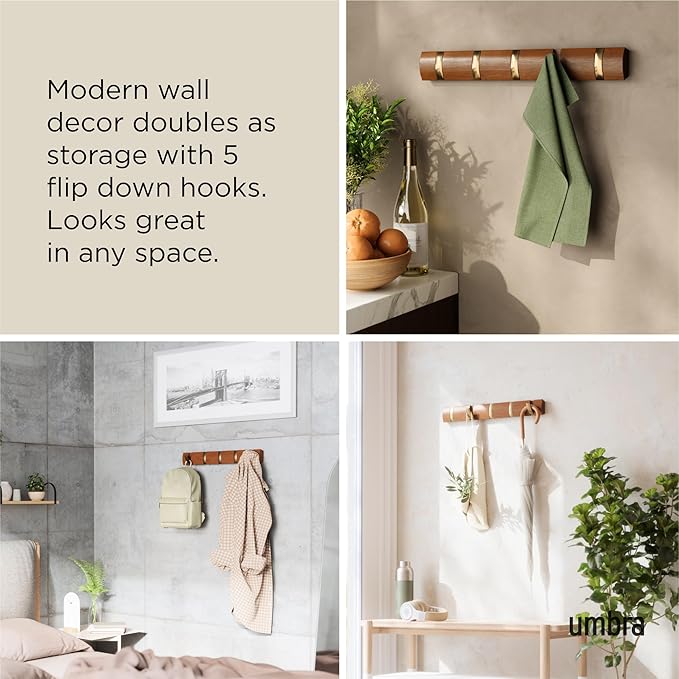 Umbra FLIP Wall Mounted Floating Rack – Modern, Sleek, Space-Saving Hanger with Retractable Hooks to Hang Coats, Scarves, Purses and More, Walnut/Gold