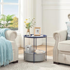 VECELO Round Side/End Table with Fabric Storage Basket，Metal Anti-Rust and Waterproof Small Bedside Nightstand with Removable Tray Top for Living Room，Balcony & Laundry，Blue /1pcs with Basket