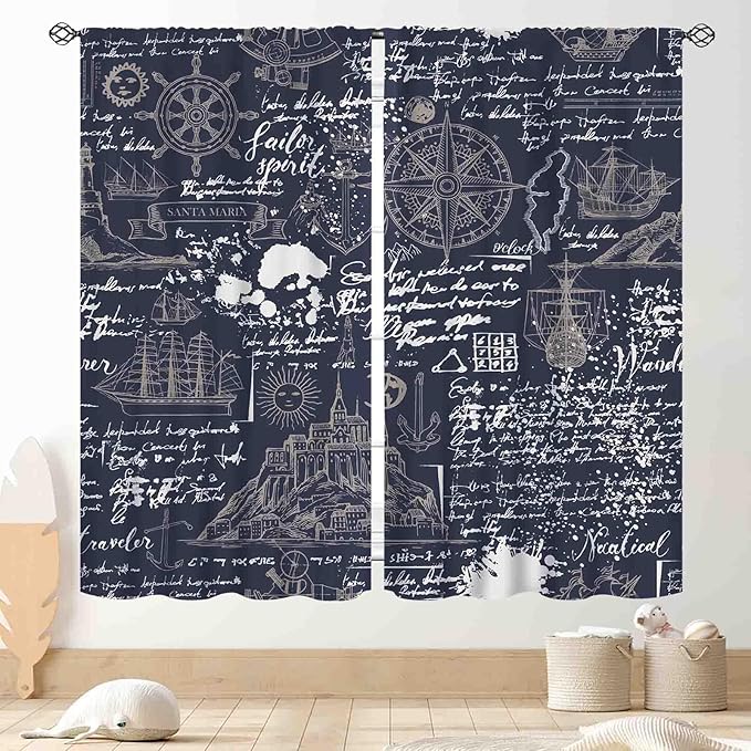 Vintage Nautical Curtains, Marine Coastal Sailboat Compass Anchor Ocean Beach Old Pirate Map Navy Blue Blackout Retro Drapes for Bedroom Living Room Kitchen Bathroom Window 2 Panels, 42"x63" Inch