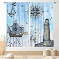 Nautical Curtains, Vintage Marine Coastal Sailboat Compass Anchor Ocean Beach Lighthouse Watercolor Blue Decorative Drapes for Bedroom Living Room Kitchen Bathroom Window 2 Panels Set, 42"x63" Inch