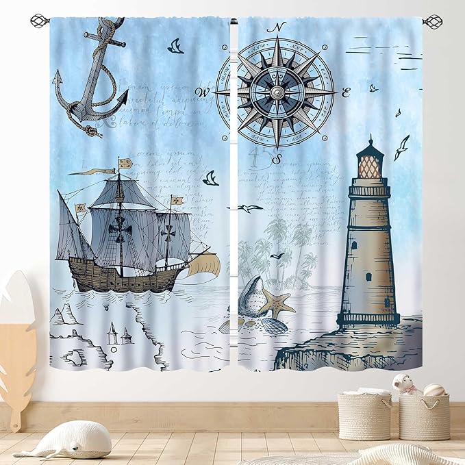 Nautical Curtains, Vintage Marine Coastal Sailboat Compass Anchor Ocean Beach Lighthouse Watercolor Blue Decorative Drapes for Bedroom Living Room Kitchen Bathroom Window 2 Panels Set, 63"x72" Inch