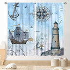 Nautical Curtains, Vintage Marine Coastal Sailboat Compass Anchor Ocean Beach Lighthouse Watercolor Blue Decorative Drapes for Bedroom Living Room Kitchen Bathroom Window 2 Panels Set, 84"x84" Inch