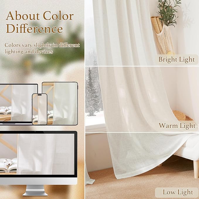 RYB HOME Linen Blend Curtains for Kitchen Bedroom, Thick Heavy Textured Breathable Light Filtering Semi Sheer Short Drapes for Small Window Sunroom, W 42 x L 45 inches, Linen, 2 Panels