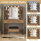 Vabches Vanity Desk with Lights,Makeup Vanity with Power Strip,Dressing Table Set with 2 Large Drawers,Vanity Mirror 3 Lighting Color Adjustable,Rustic Brown