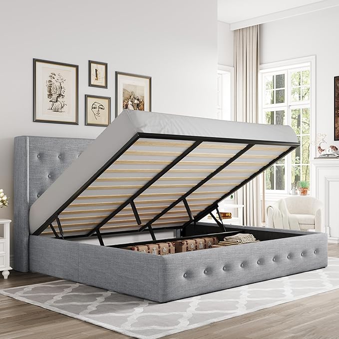 Allewie King Size Lift Up Storage Bed, Button Tufted Headboard with Wingback, Hydraulic Support, No Box Spring Needed, Light Grey