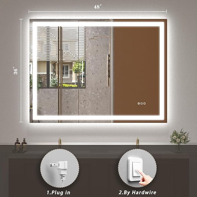 Led Lighted Bathroom Mirror 48x36, Dimmable Vanity Mirror with Lights, Anti-Fog (Backlit and Front Lighted)