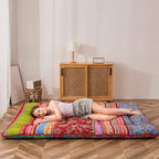 MAXYOYO Bohemian Retro Floor Mattress Vintage Floral Japanese Futon Mattress Roll Up Thicken Sleeping Bed Portable Camping Mattress Floor Lounger Couch Bed Mattress Pad, Full Size