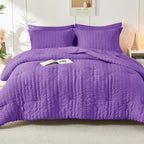 HYMOKEGE Dark Purple Full Size Comforter Sets Seersucker 7 Pieces, All Season Luxury Bed in a Bag for Bedroom, Bedding Set with Comforter, Sheets, Pillowcases & Shams