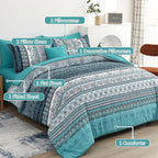 Cottolester Boho Queen Comforter Set 8 Pieces, Teal Comforter Bohemian Striped Bed in A Bag,Soft Microfiber Bedding Set for All Seasons