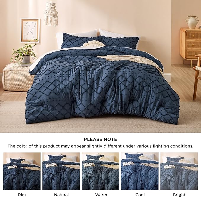 Bedsure Oversized King Comforter Set - Navy Blue Comforter, Boho Tufted Shabby Chic Bedding, 3 Pieces Vintage Farmhouse Bed Set for All Seasons, Fluffy Soft Bedding with 2 Pillow Shams