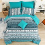 Cottolester Boho Queen Comforter Set 8 Pieces, Teal Comforter Bohemian Striped Bed in A Bag,Soft Microfiber Bedding Set for All Seasons