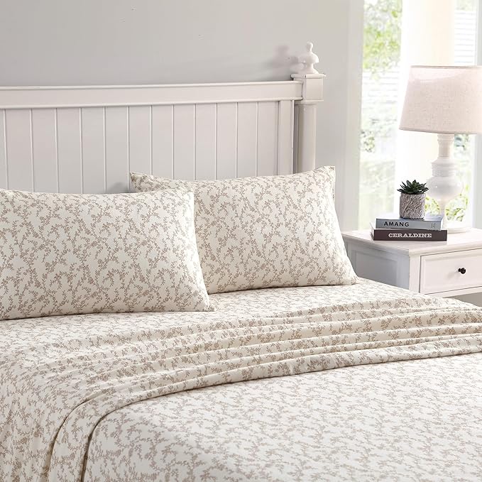 Laura Ashley - Flannel Sheets Queen Size, Anti-Pilling & Wrinkle Resistant Cotton, Touchably Soft for All-Season Comfort - Bed Sheets with Matching Pillowcases & Fitted Sheet (Victoria Beige)