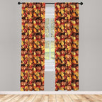 Ambesonne Fall Window Curtains Pack of 2, Happy Autumnal Colors with Birds in Nests Cartoon Illustration Print, Lightweight Set with Rod Pocket, 4 Panels of - 28" x 63", Cinnamon Amber and Orange