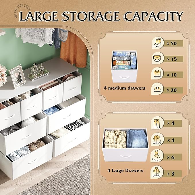WLIVE Dresser for Bedroom with 8 Drawers, Wide Fabric Dresser for Storage and Organization, Bedroom Dressers, Chest of Drawers for Living Room, Closet, Hallway, White