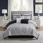 King Size Comforter Set - Soft & Breathable 7-Piece Bedding Collection - 1 Comforter, 2 Pillow Shams, 1 Bed Skirt & 3 Decorative Accent Pillows - Premium Quality, King, Black/White Damask
