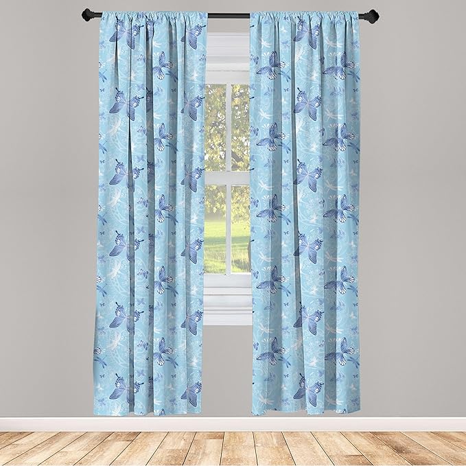 Ambesonne Butterfly Window Curtains, Pastel Color Dragonflies Floral Arrangement Swirls Curves Spring, Lightweight Decor 2-Panel Set with Rod Pocket, Pair of - 28" x 95", White Blue
