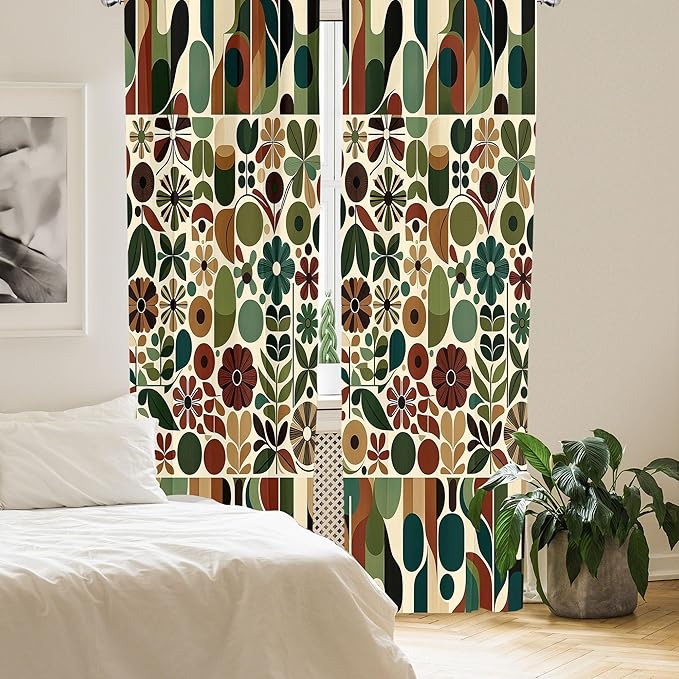 Ambesonne Scandinavian Window Curtains, Abstract Geometric Art of Leaves and Flowers with Bohemian Feel, Lightweight Decor 2-Panel Set with Rod Pocket, Pair of - 28" x 84", Olive Green Redwood Beige
