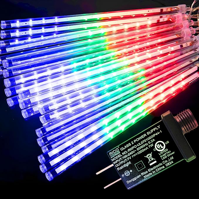 Aukora Christmas Lights Outdoor, 24 Tubes 576 LEDs Meteor Shower Light, Icicle Snow Falling Rain Lights for Xmas Tree Christmas Decorations Wedding Party Holiday Garden Decor, UL Plug (Multicolor)