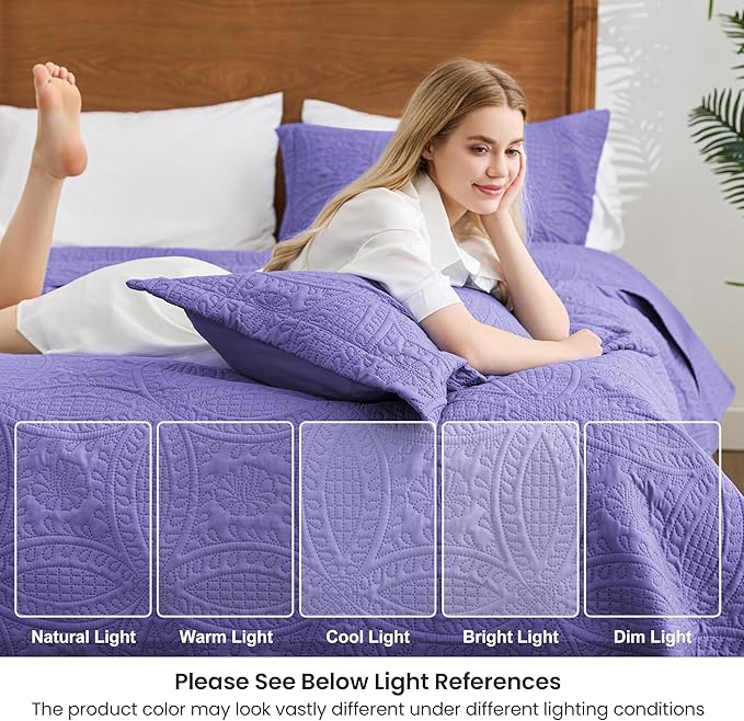 Love's cabin California King Size Quilt Bedding Set Deep Purple Bedspreads - Cal King Summer Lightweight Bedspread Comforter - Coin Pattern Coverlet for All Season - 3 Pieces (1 Quilt, 2 Pillow Shams)