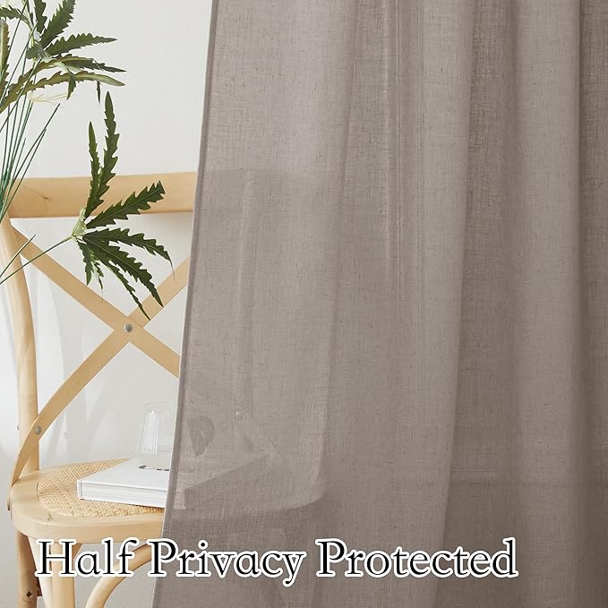 RYB HOME Linen Textured Curtains Semi Sheer Window Curtains Light Filtering Ariy Privacy Sheers for Bedroom Living Room Bathroom Patio Door, Birch Brown, 52 inch Wide x 84 inch Long, 2 Panels